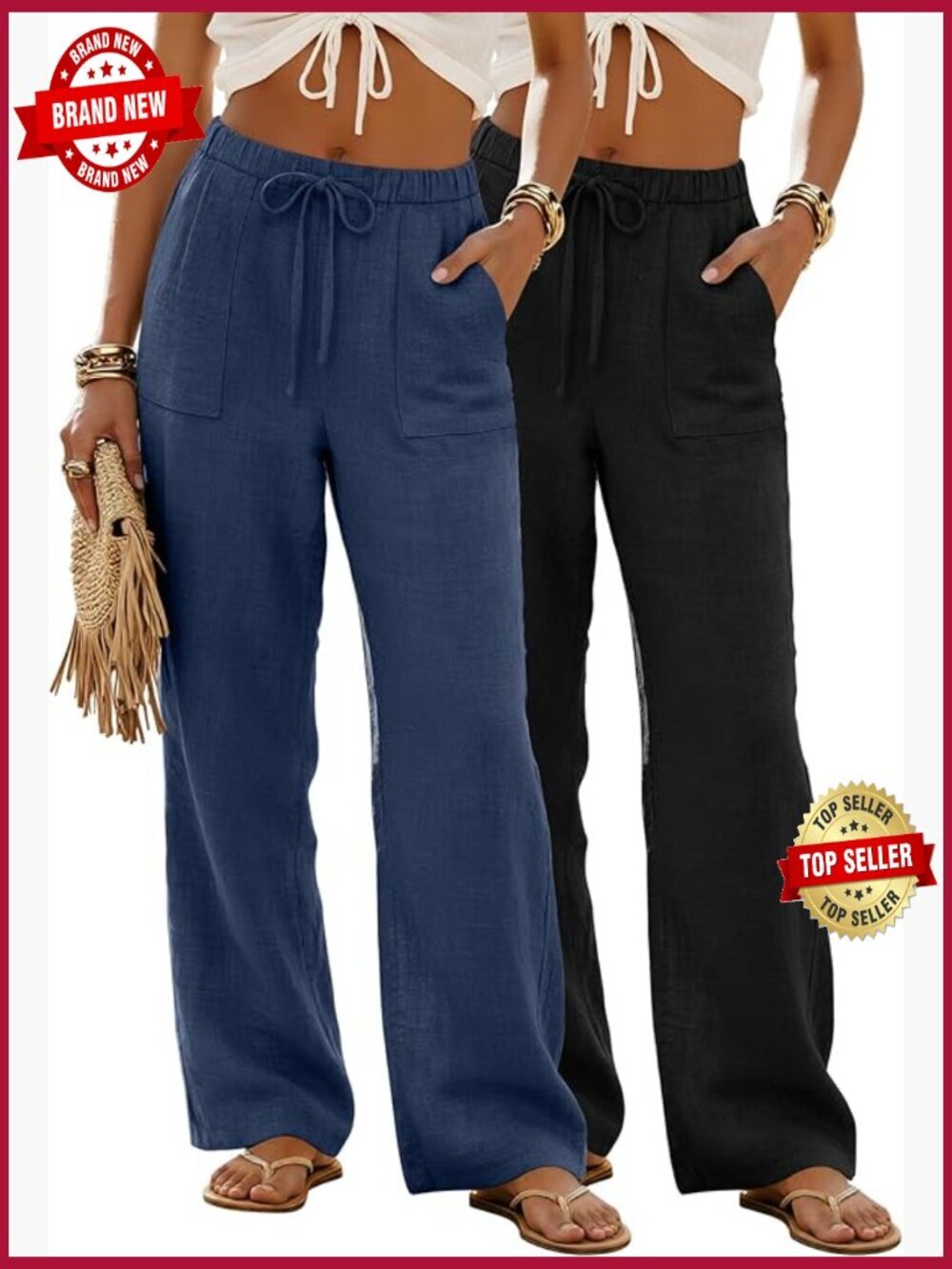 Women's Linen Pants Straight Leg Drawstring Casual Summer Trousers with Pockets